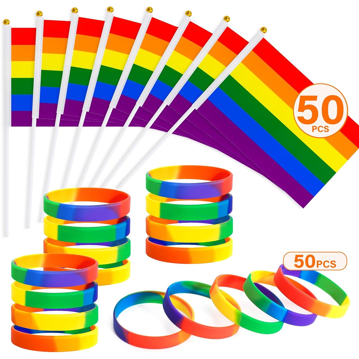Pride Stuff Pride Flag Pride Bracelet Mini Handheld LGBTQ Rainbow Flag Pride Bracelet for Women Men Pride Flag Rubber Wristband Bulk Pride Accessories Set for Parade Party