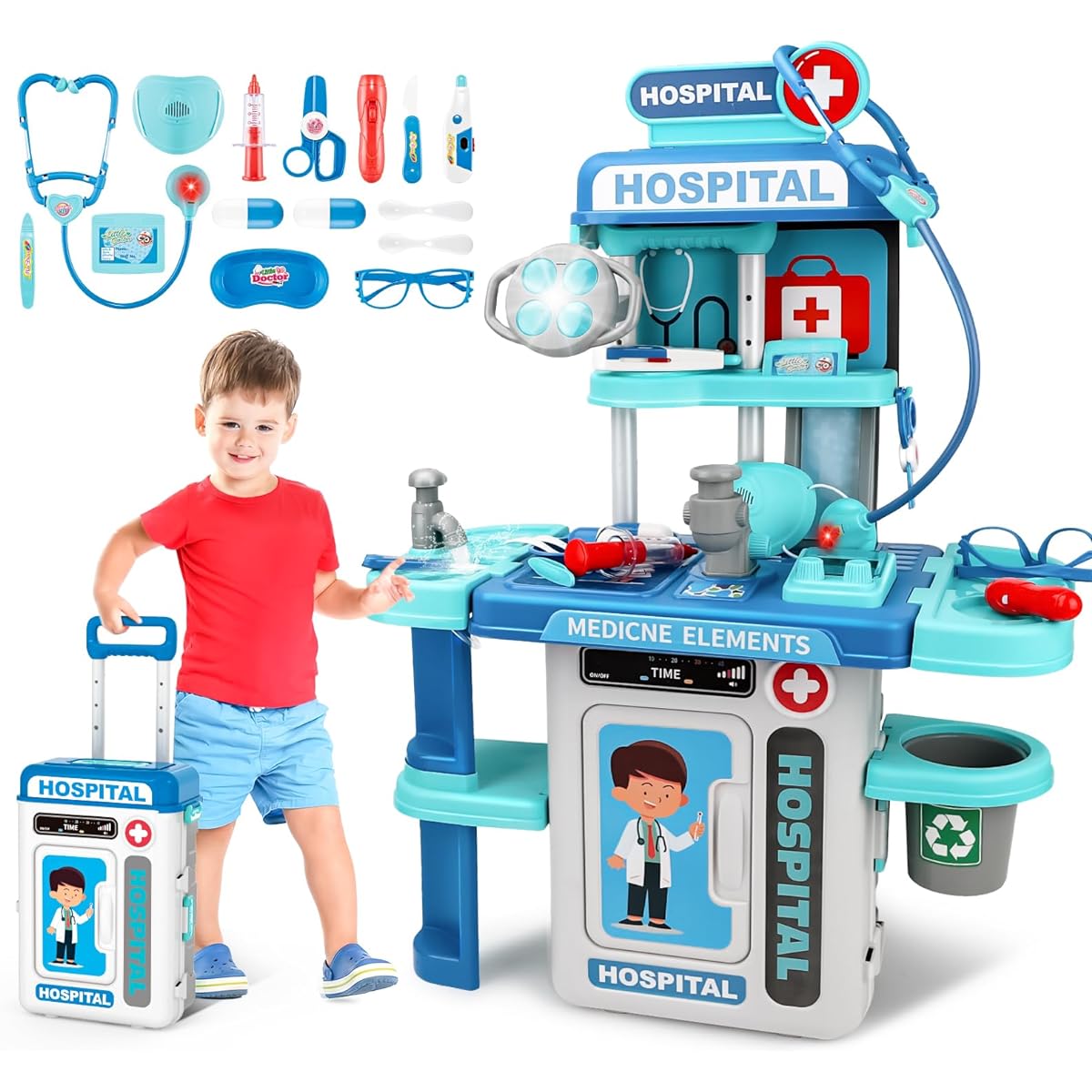deAO Doctor Kit for Kids Pretend Medical Station Set Medical Equipment Stethoscope with Realistic Lights Pretend Doctor Play Toy Toddler Christmas Birthday Party New Year Gift (Blue)