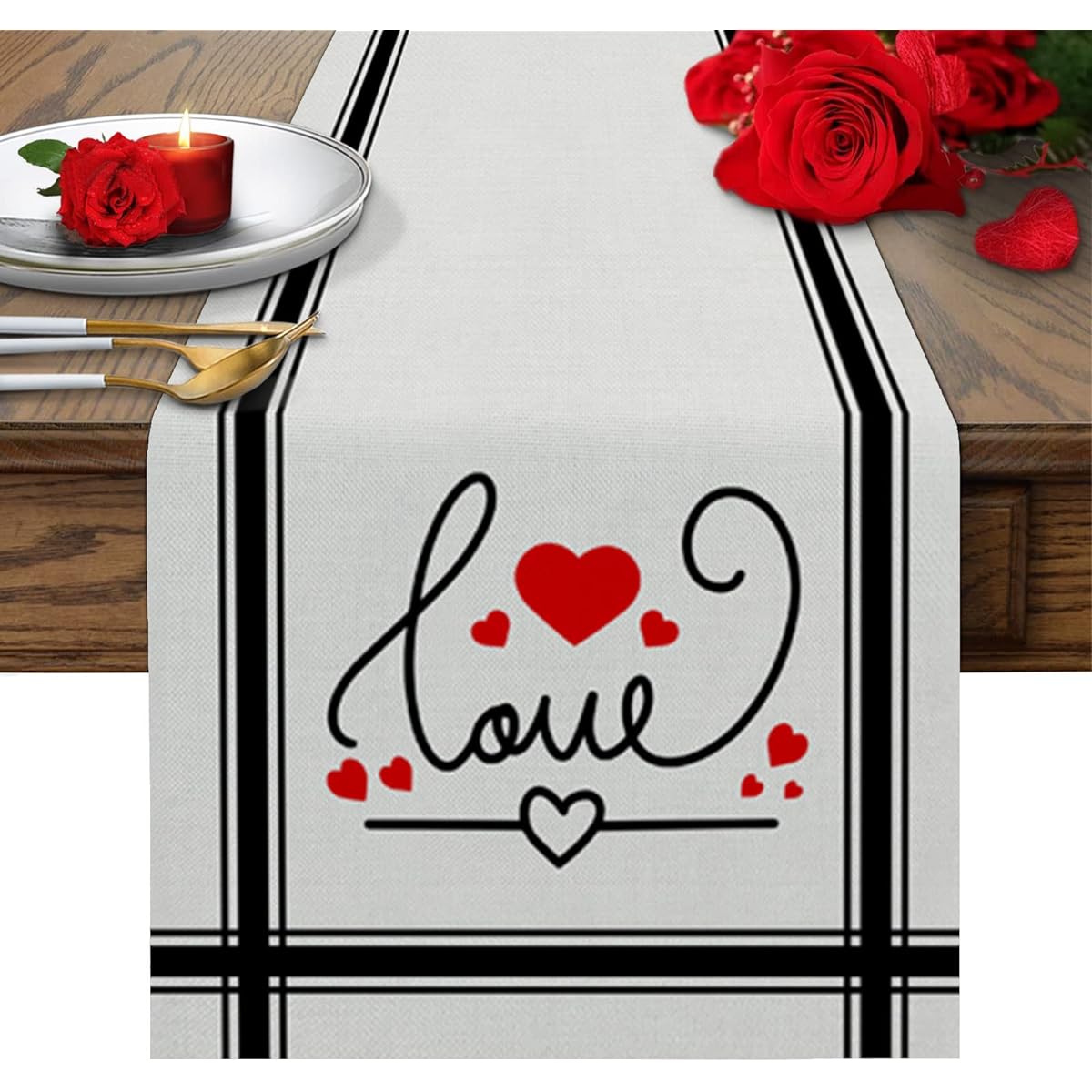 Valentine's Day Table Runner 90 Inch Length Cotton Linen Kitchen Dinner Heart Love Table Runner Red Valentine Black Geometry Striped Gauge Burlap Table Runner for Table/Dresser/Dining/Party/Wedding
