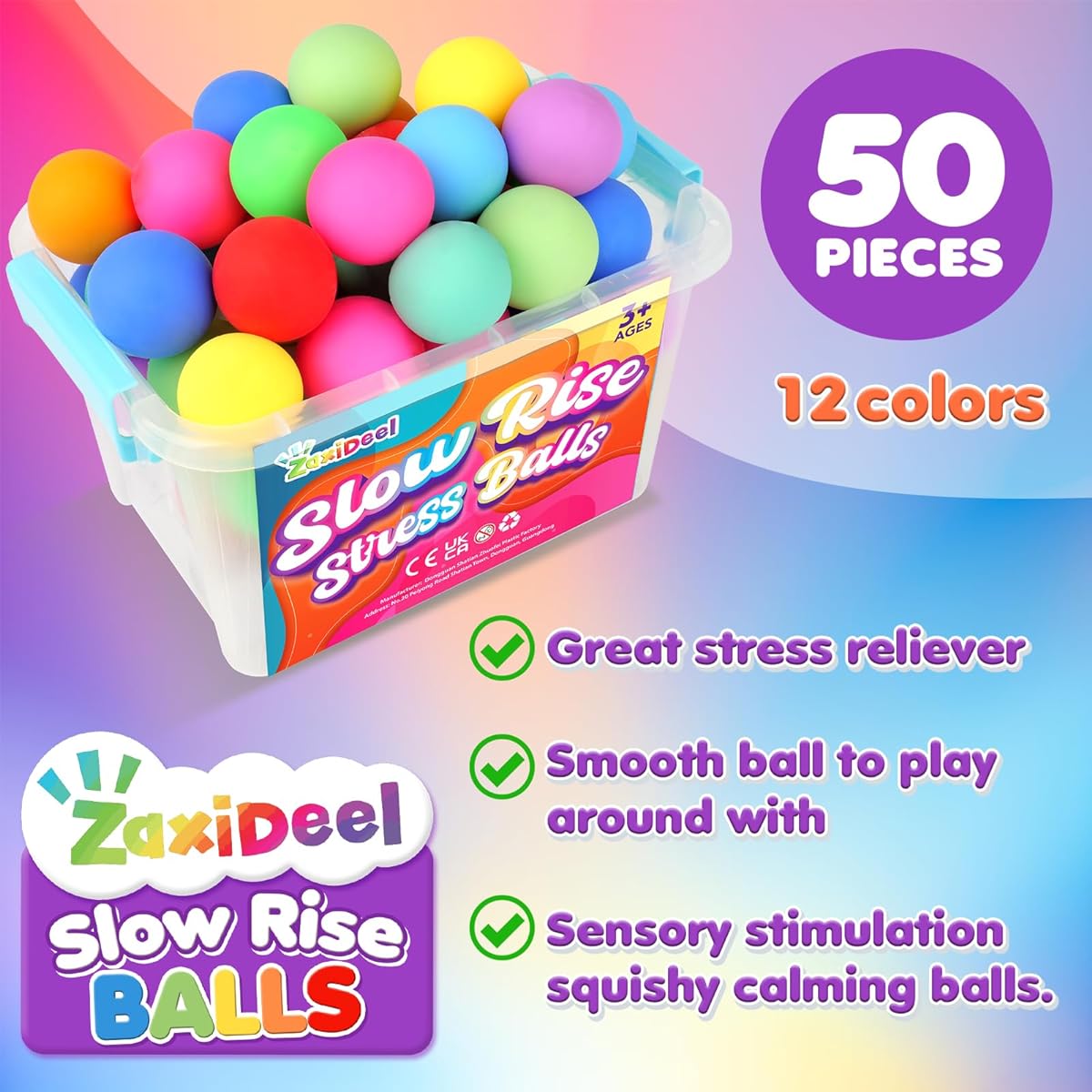 50 Pack Slow Rising Stress Balls: Mini Squishy Balls Bulk Kids Anxiety Relief, Hand Therapy Sensory Toy, Pull Stretch Fidget Toy, Prize Box Toy for Classroom, Stocking Stuffers for Kids