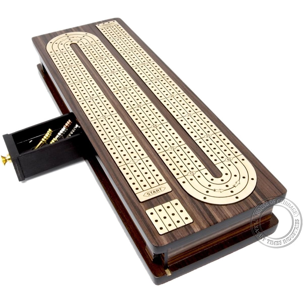 House of Cribbage - Continuous Cribbage Board Inlaid 4 Tracks Rosewood/Maple with Sliding Lids and Drawer