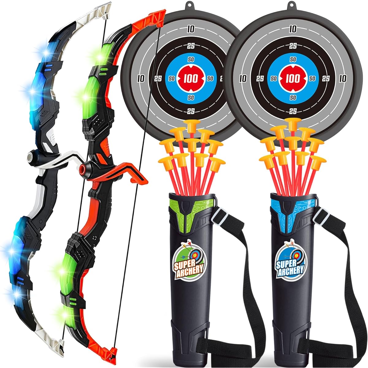 Bow and Arrow for Kids, 4-6 Years Old, Kids Archery Set with 2 LED Light Up Bows