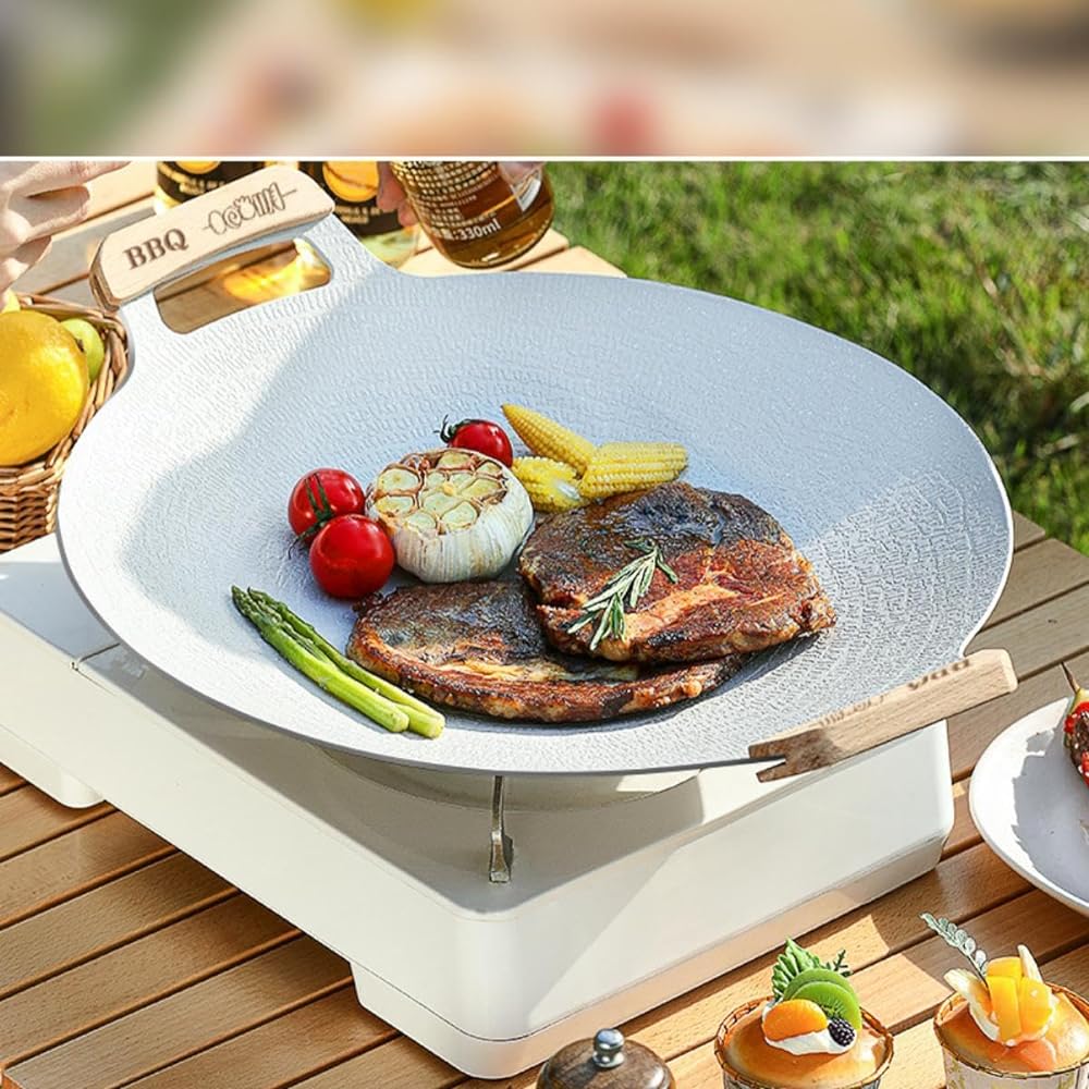 Iron Plate Multi Griddle Compatible with IH/Gas/Open Fire, Diameter 30/33/36CM, No Seasoning Required, Non-stick, Solo Camping, Yakiniku Plate, Outdoor Camping Griddle Pan, Fluorine Coating, Lightweight BBQ Equipment (3 Piece BBQ Tool Set + Oil Rack + Wo