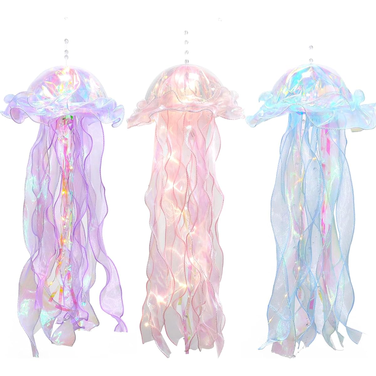 ASTNIC Glitter Iridescent Jellyfish Hanging Decorations Blue Purple Jellyfish Kit Under the Sea Little Mermaid Party Decorations Jellyfish Decor Sea Birthday (3 Pieces)