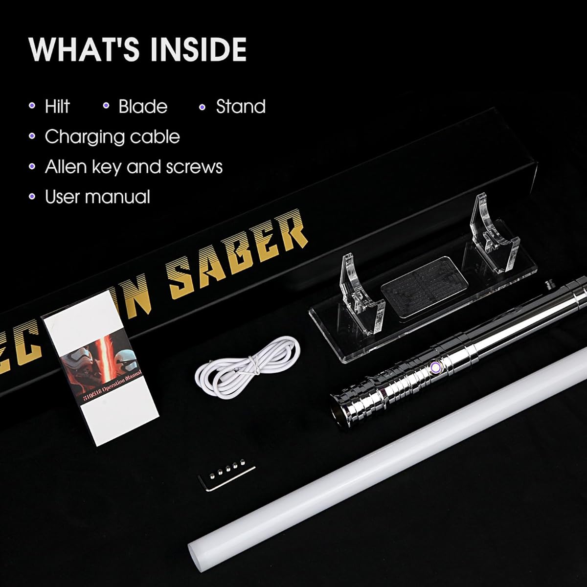 AthlChamp Motion Control Heavy Dueling Lightsaber for Adults, Dueling Lightsaber with Heavy Duty Metal Handle & Thick PC Blade & 10 Sound Fonts, 12 RGB Colors & Acrylic Saber Stand, Silver