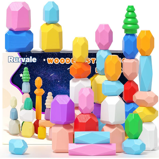40pcs Wooden Stacking Lock Toys Montessori Toys for 1 2 3 Years Old Toddler Stacking Toys Sensory STEM Preschool Learning Blocks Toys Game Gifts for 3-5 Year Old Kids for Boys/Girls