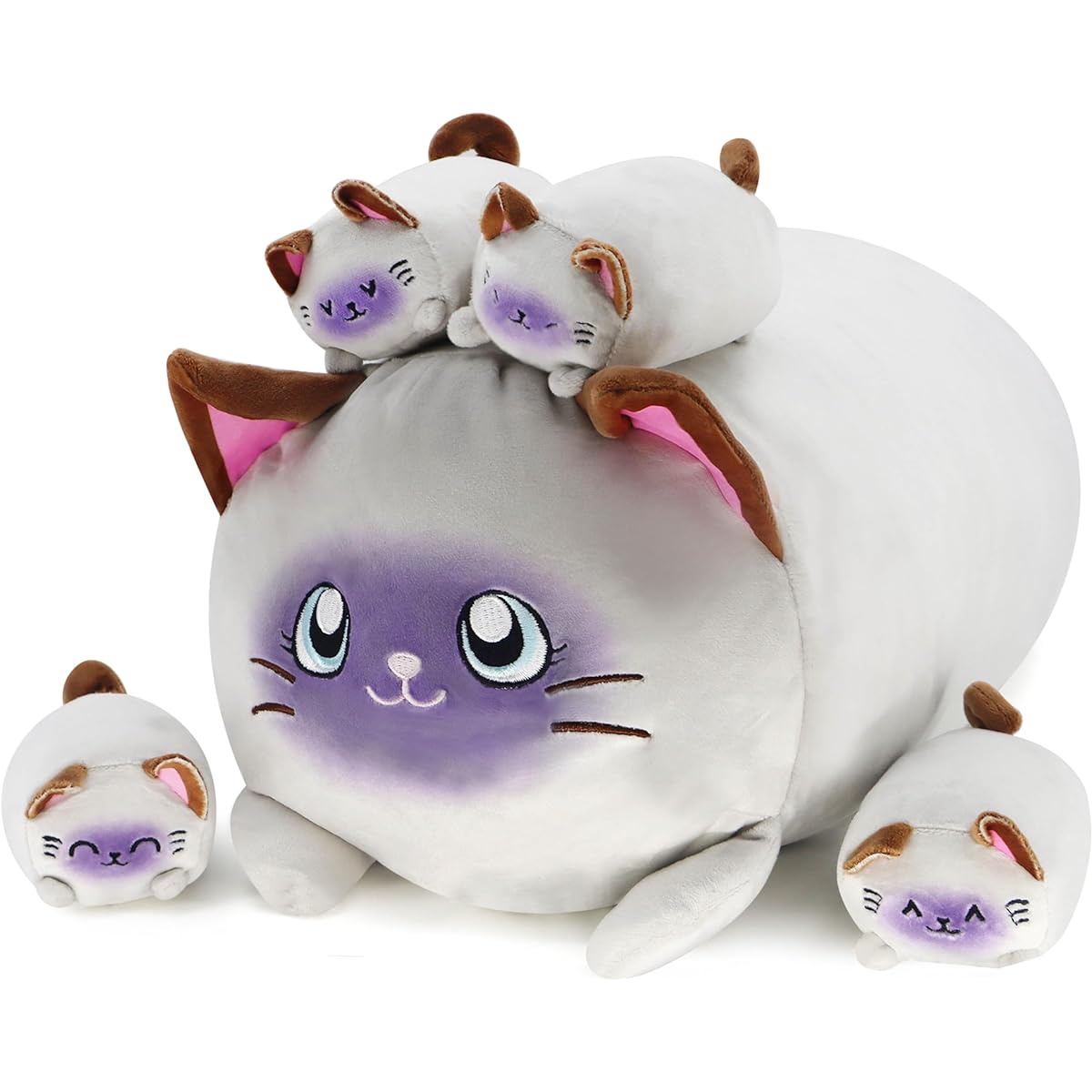 RANDGRITH Cute Siamese Mummy Plush Pillow with 4 Little Baby Siamese Cats Stuffed Animals Soft Fat Cat Chubby Stuffed Animal Gift for Kids (Siamese Cat)