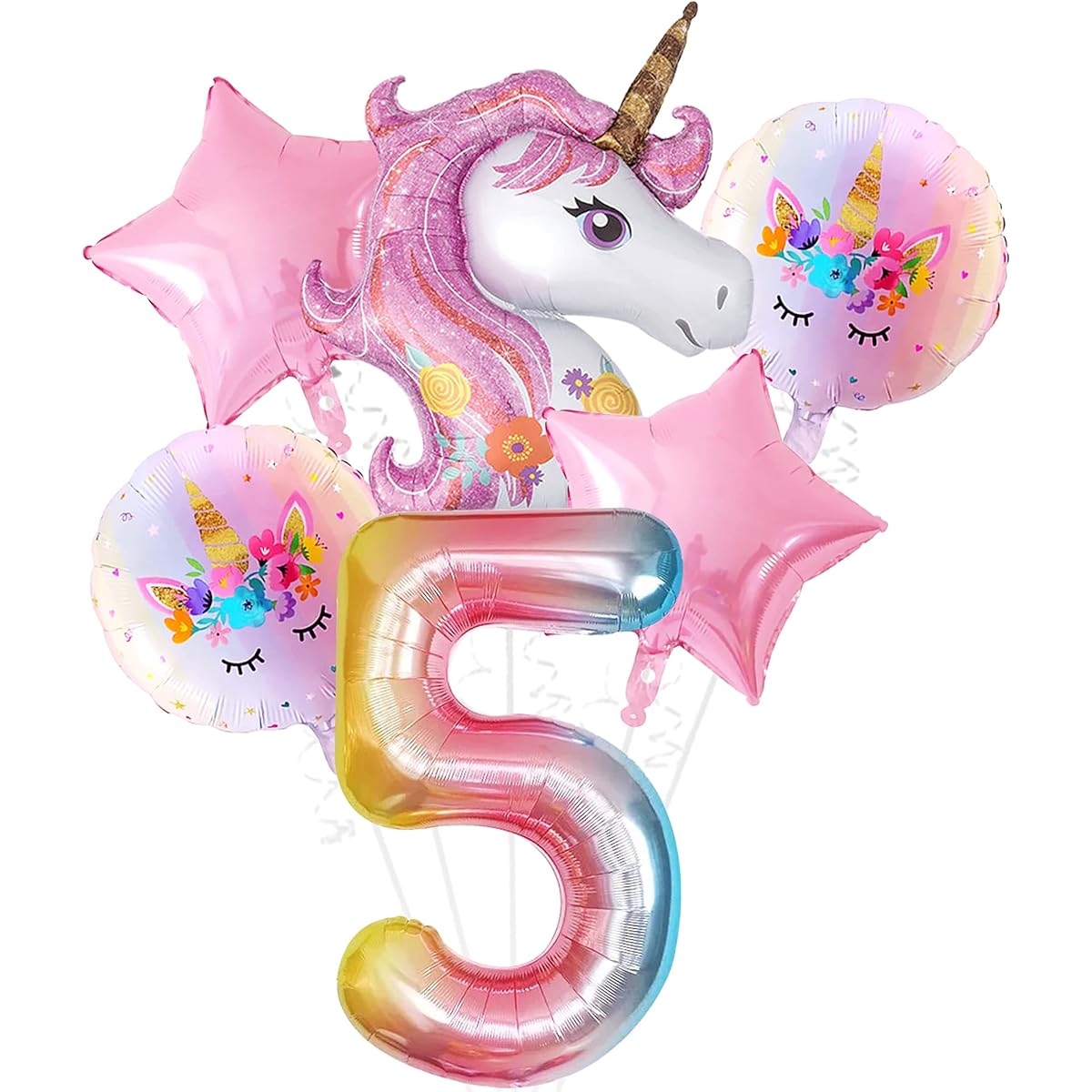 Pink Unicorn 5th Birthday Decorations Set - Large 6 Pack I Rainbow Number 5 Foil Balloon I Star and Round Mylar Balloon I Unicorn Theme Birthday Decorations I Unicorn Decorations Party Supplies