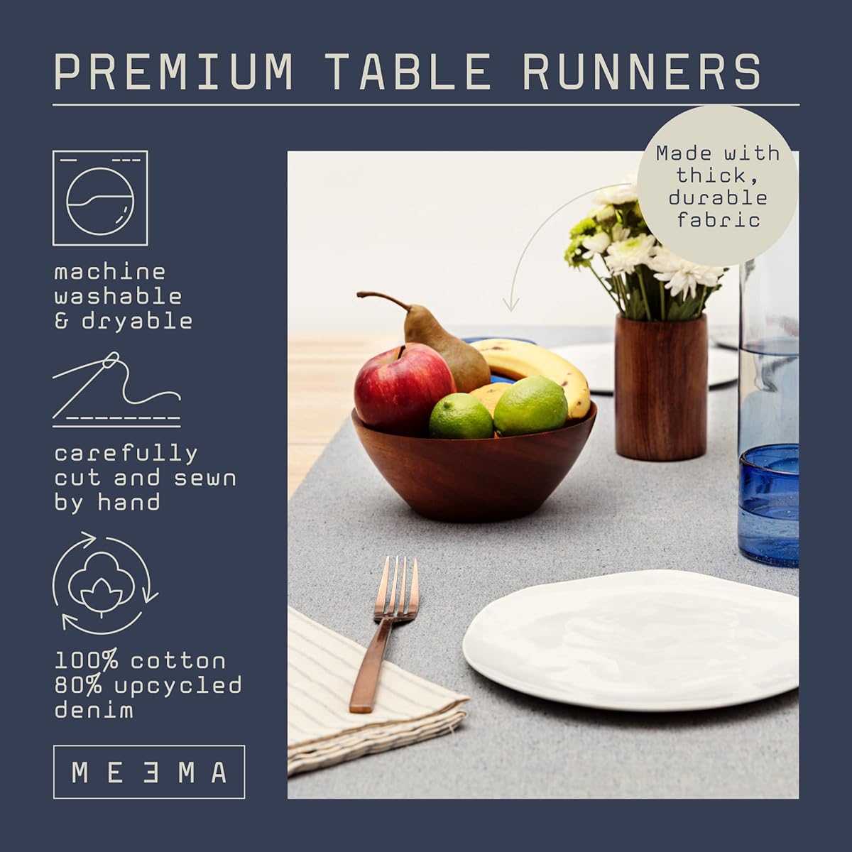 MEEMA Table Runner Rustic for Dining Table Decor | Blue - 20 x 52 Inch | Farmhouse Boho Decorative Table Runner | Everyday Use and Special Occasions | Kitchen Decorative Table Runner | Upcycled Denim and Cotton