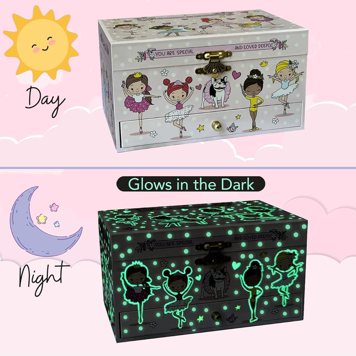 Ballerina Musical Jewelry Box for Girls - Little Girls Jewelry Box Gift - Glow in the Dark Kids Jewelry Box Organizer with Drawer and Heart Necklace and Bracelet Set - Cute Music Box for Girls