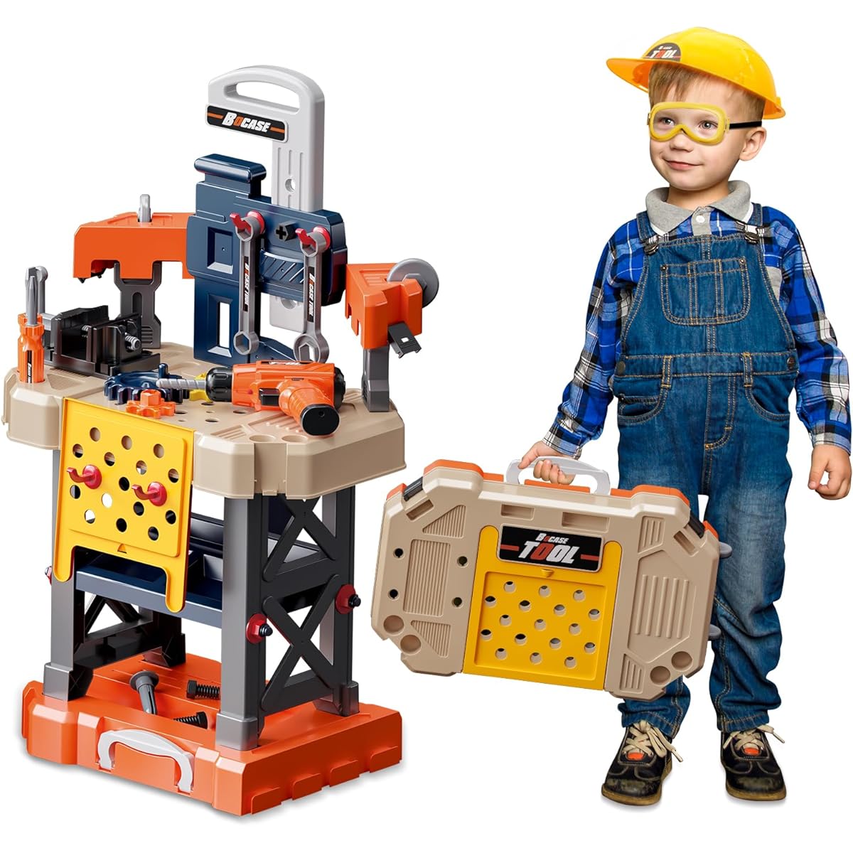 BHYDRY Kids Tool Bench - Kids Tool Set with Electric Toy Drill and Realistic Tools, 78 Piece Toddler Tool Set, Pretend Play for 3-5 Year Olds, Boys Toys for 5-6 Years, Medium
