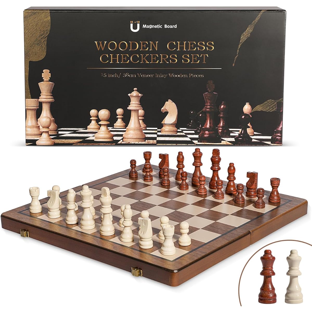 FEIERYA Chess Magnetic Chess Set 15 Inch Wooden Chess Board Ggame 2 Queen Pieces Magnetic Design Folding Board with Individual Storage Slots and Storage Bag Perfect for Beginners/All Chess Enthusiasts