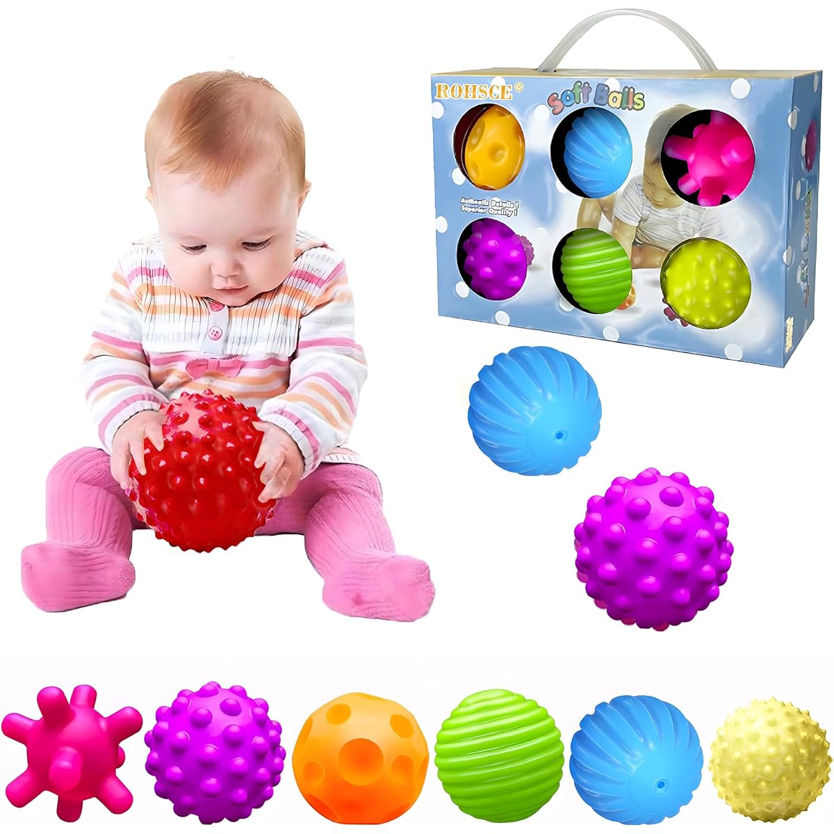 ROHSCE Baby Textured Multi-Sensory Toy Massage Ball Gift Set BPA Free Toddler Soft Balls 1-3 Pieces Montessori Infant Toys 6-12 Months Pack of 6