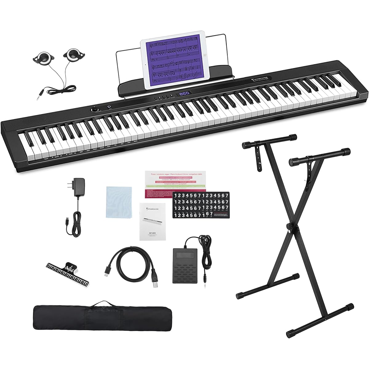 Electronic Piano, 88 Keys, Semi-Weighted Keyboard, MIDI Compatible, Portable, Thin and Lightweight, Rechargeable, 198 Tones, 198 Rhythms, Digital Piano, Touch Response Function, Beginners, Children, Piano Practice, Teaching, Stand, Petals Included SP-88S