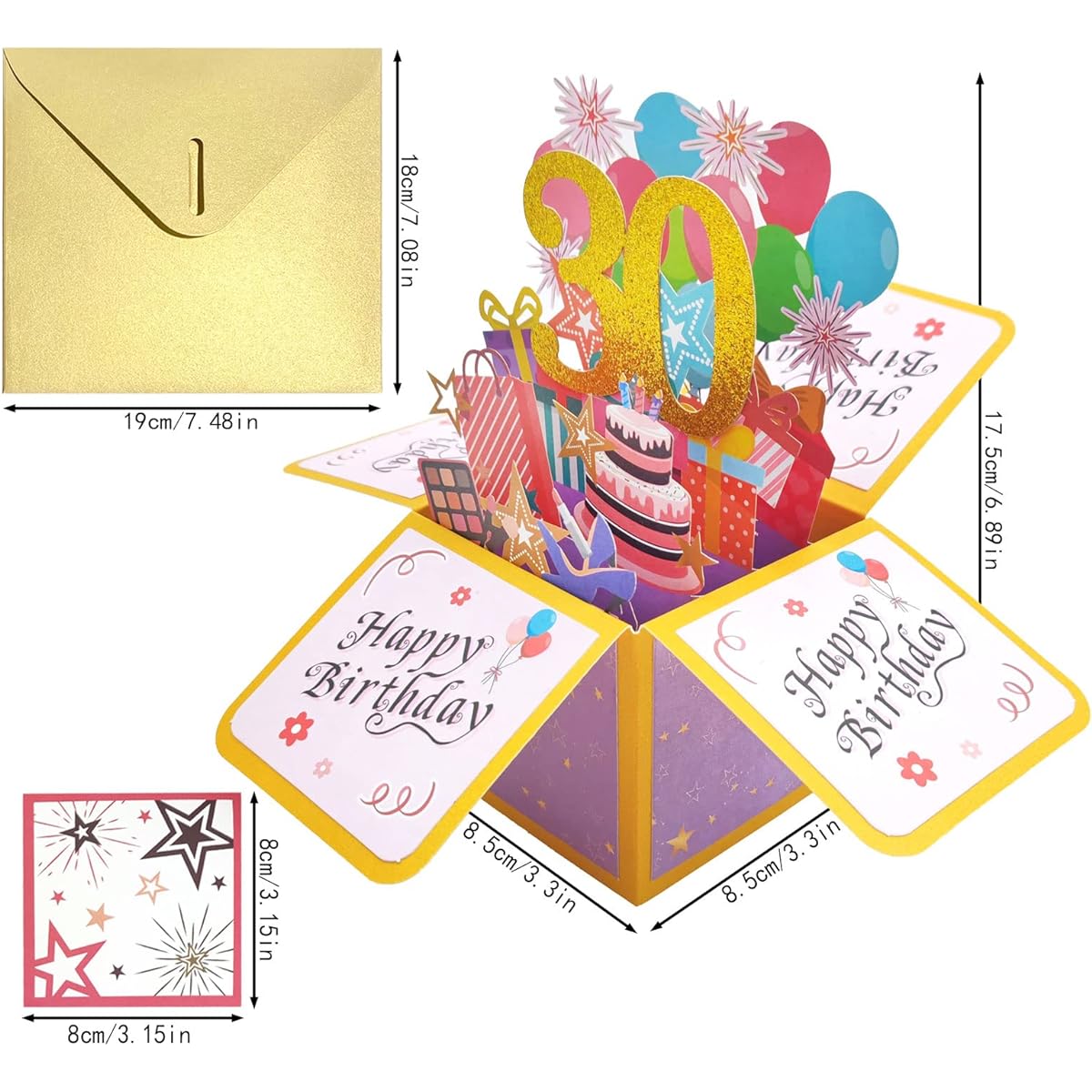 Happy 30th Birthday Cards, 30th Birthday Greeting Cards, 30th Gift Cards, Birthday Pop Up Cards with Notecard and Envelope, 30th Birthday Gifts, Gift Box for Women, Wife, Mom, 3D Pop Up Birthday Card