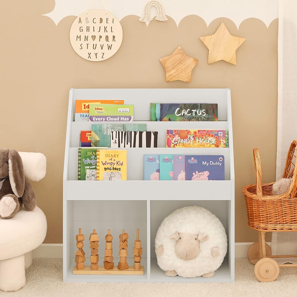 SoBuy Picture Bookshelf Toy Box Picture Book Rack Children's Bookshelf Toys Storage Large Capacity [Storage Cart Included/Manga Magazine Storage, Cute/Kids/Stylish] Children's Shelf Children's Furniture (KMB01-W)