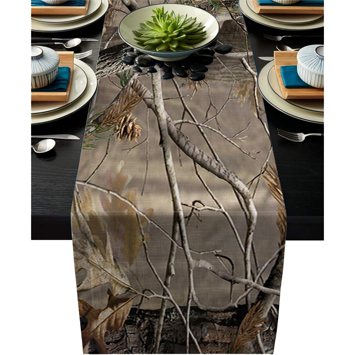 Cotton Linen Table Runner Dresser Scarf Authentic Camo Wood Non-Slip Burlap Rectangular Tablecloth for Holiday Dinner Parties Wedding Home Decor - 13"x70"