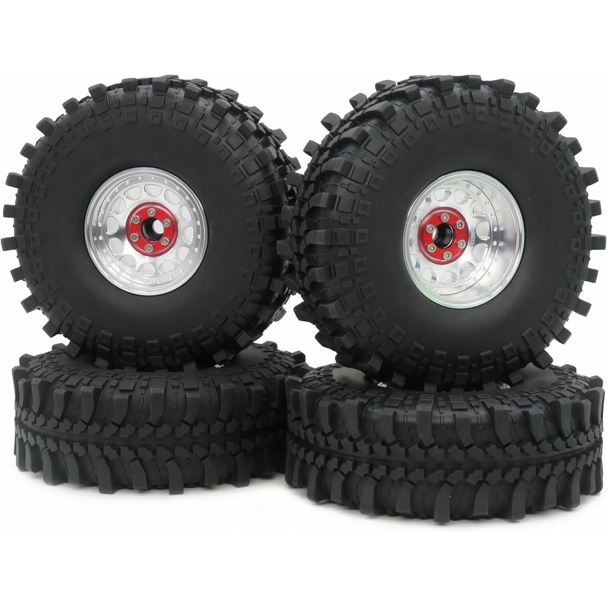 HOBBYSOUL RC Adjustable 4 Offset 2.2 Beadlock Wheels and Tires Silver 2.2 Rims 5.7" / 145mm Tall Tires for RC Mud Rock Crawler Axial Capra Lift (4 Pack Pre-Assembled)