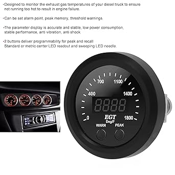 EGT Gauge Kit Automotive Exhaust Gas Thermometer 2‑1/16in 52mm Ultra Thin 0‑1800℉ Red LED Universal EGT Gauge with Sensor