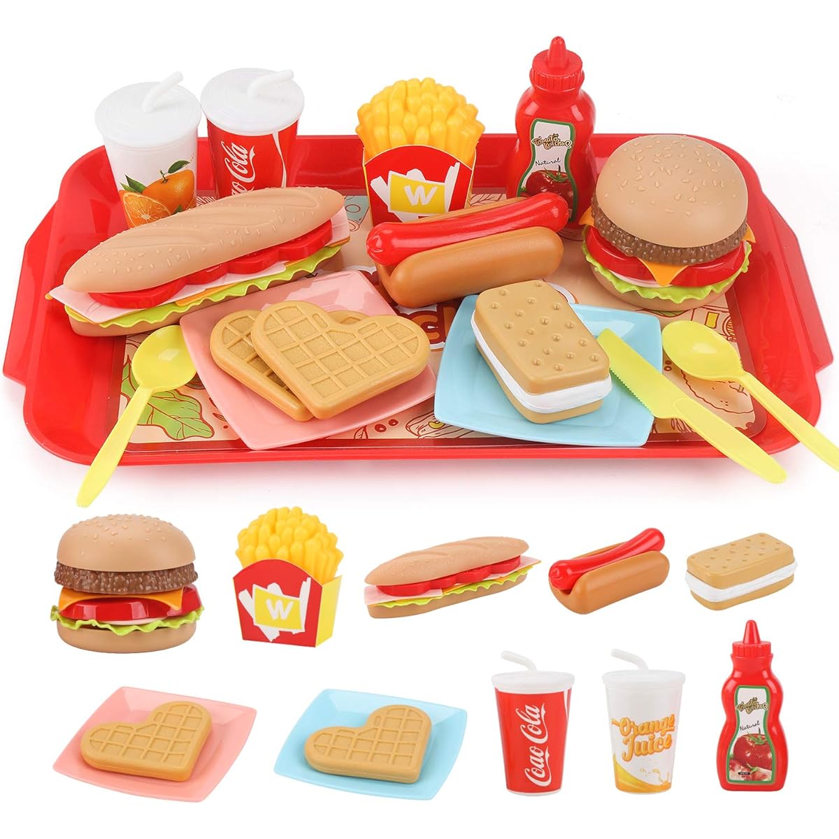 Sotodik Pretend Food Set for Kids, Detachable Fast Food Playset with Tray, Hamburger, Hot Dog, Fries Combo, Pretend Kitchen Accessories, Role Play Toys, Educational Gifts for Kids, Boys, Girls (15 Pieces)