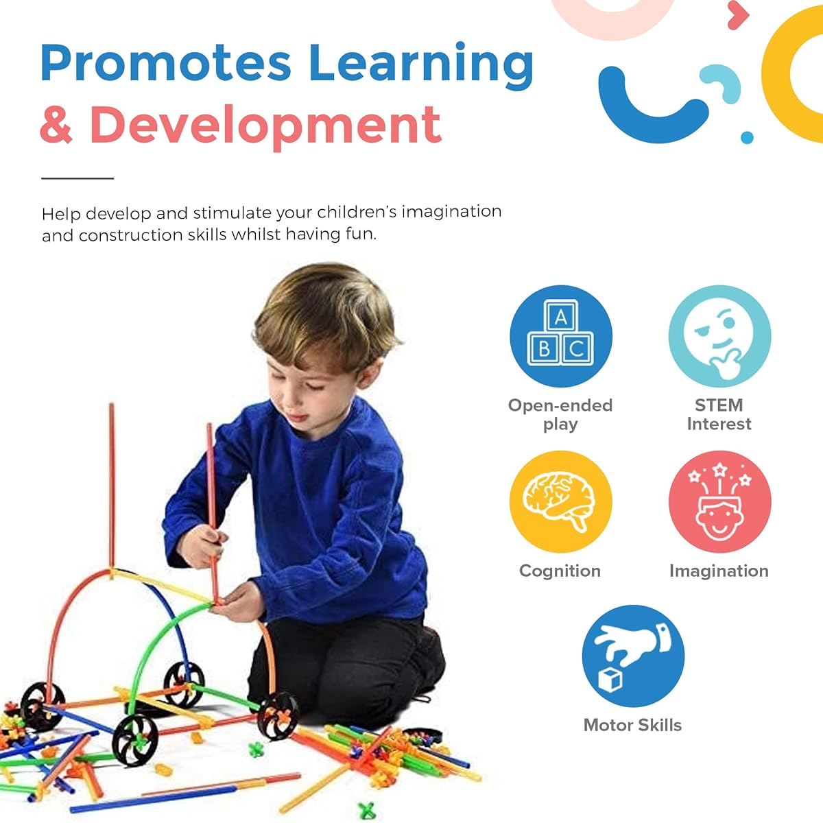 Playlearn 300 Straws Builder Construction Building Toy with Wheels and Special Color Connectors