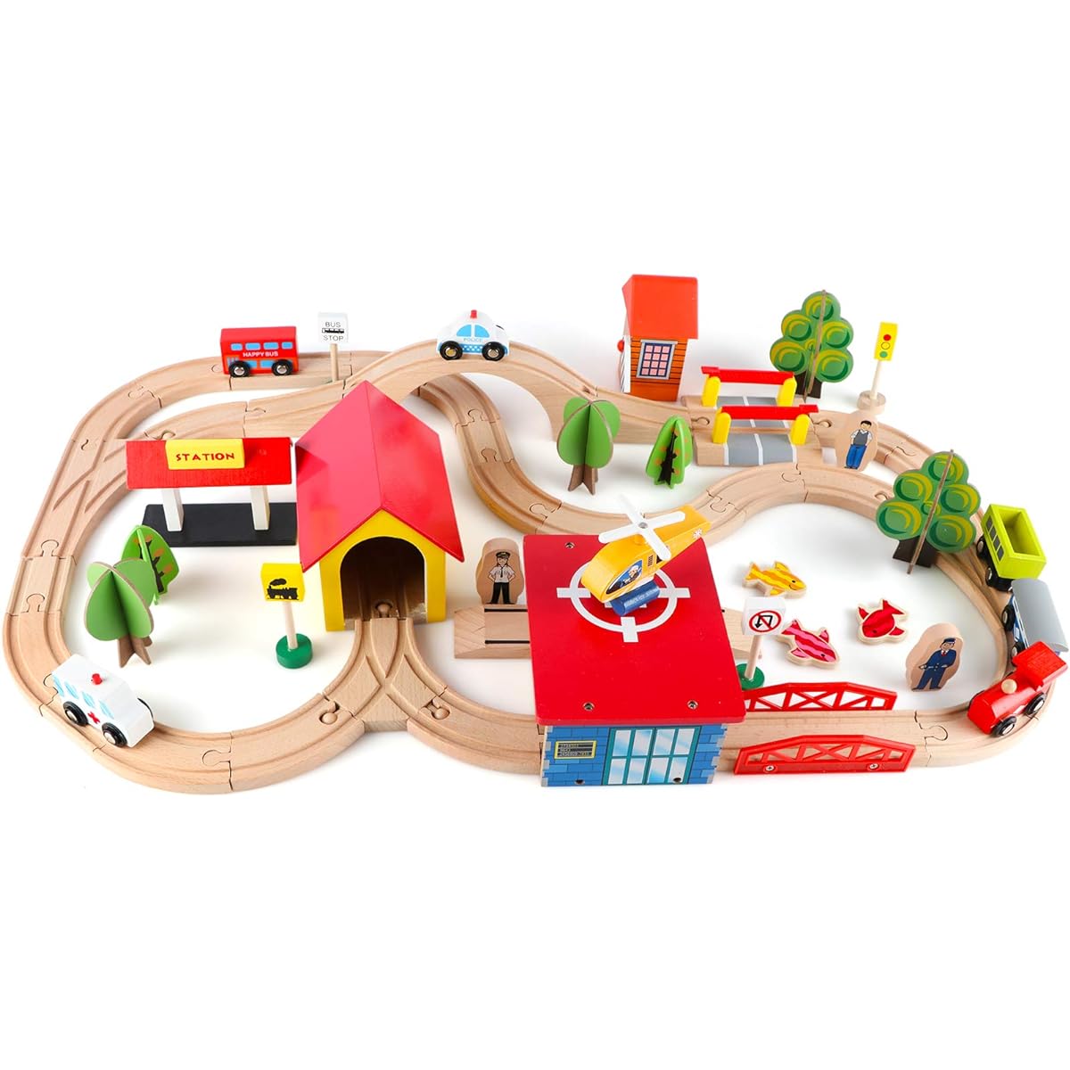 Qilay 69 Piece Wooden Train Set - Premium Wooden Train Track & Train Toys for 3 4 5 Year Old Toddlers Expandable Train Toys Railway Kit for Girls Boys Compatible with All Major Bands Train Track Set