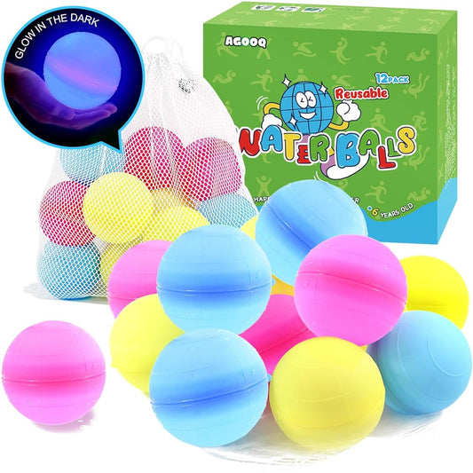 12 Reusable Water Balloons Glow in the Dark Latex Free Silicone Water Splash Balls with Mesh Bags, Quick to Fill, Water Bombs for Kids Teens Summer Outdoor Play Pool Party Backyard Fun Water Toys