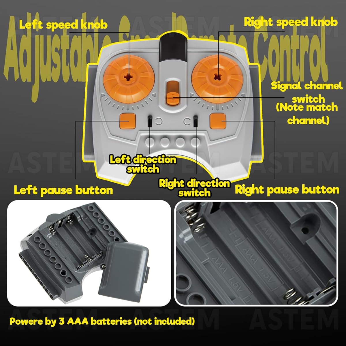14 piece power functions set compatible with ASTEM Technic Group, includes train motor power set, servo motor, XL/L motor and speed control remote control.