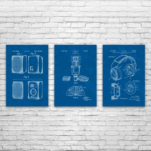Set of 3 Music Recording Studio Posters (12x18) DJ Gifts, Recording Studio Art, Audio Tech Gifts, Speaker Art Prints, Stereo Art Blueprints
