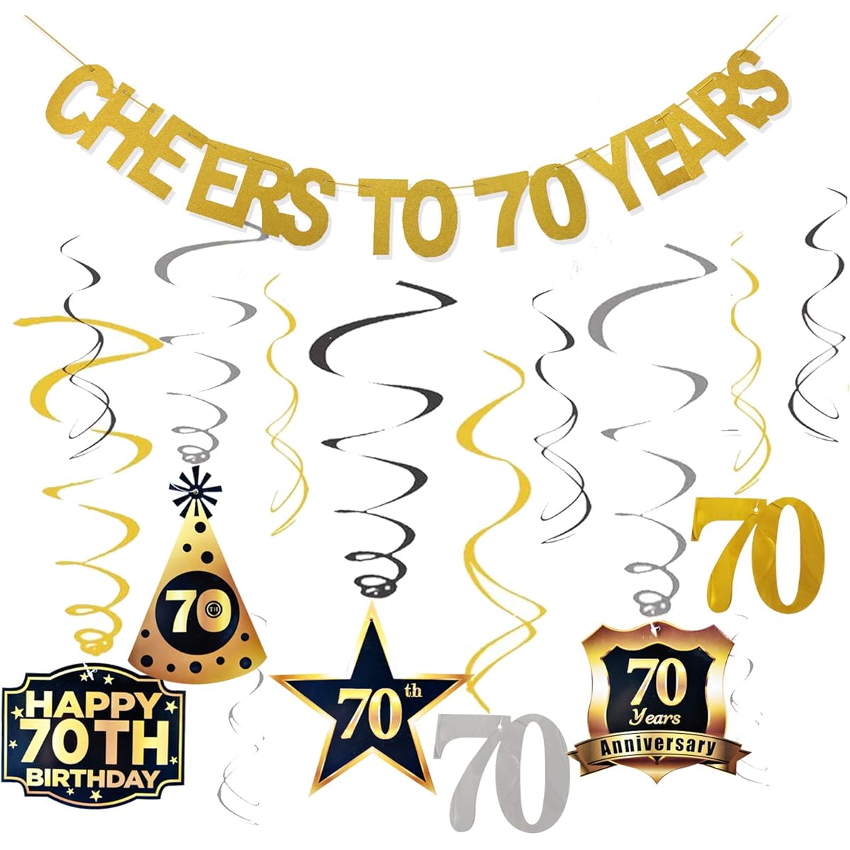70th Birthday Decorations for Men and Women, Cheers to 70th Birthday Banner Swirls Set, 70th Birthday Party Decorations