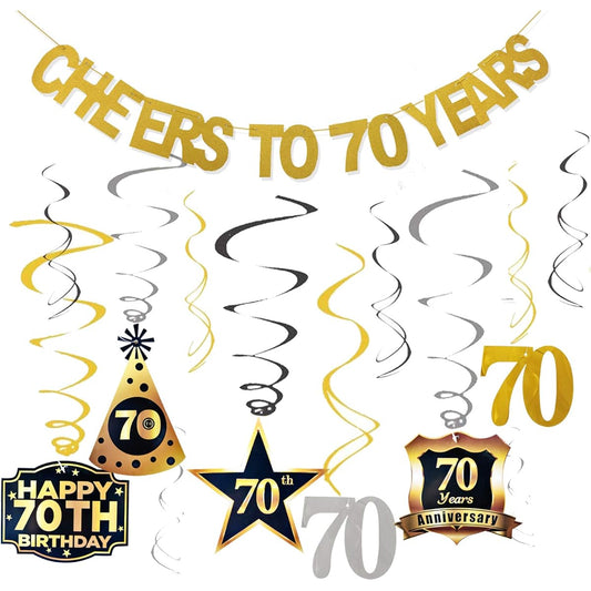70th Birthday Decorations for Men and Women, Cheers to 70th Birthday Banner Swirls Set, 70th Birthday Party Decorations