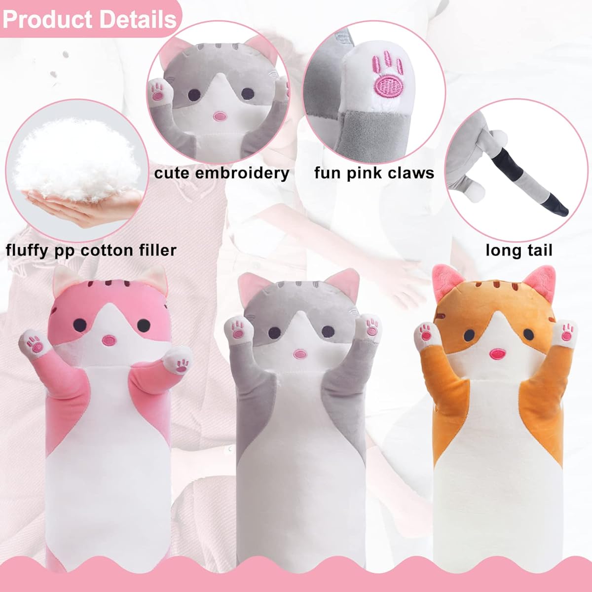 DOBUONO Long Cat Plush Pillow – 19.7 Inch Stuffed Animal for Kids (Grey)