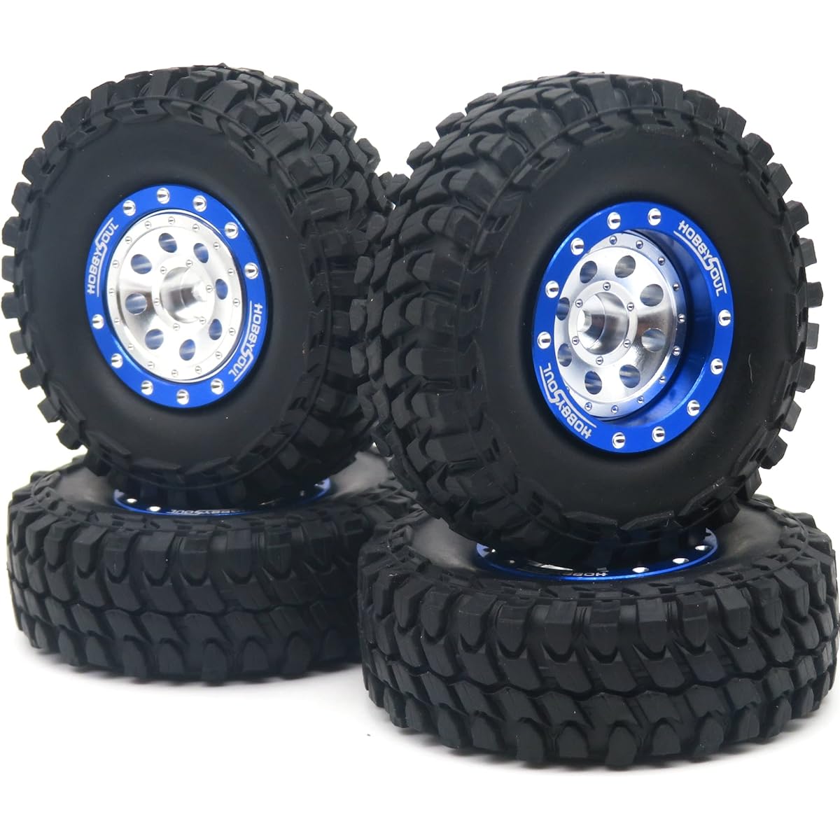 HOBBYSOUL Adjustable Offset 1/24 Wheels and Tires Blue Silver 1.0 Tires & Heavy 1.0 Beadlock Wheel Rims for 1:24 RC Crawler Axial SCX24 Upgrades & Other 1/24 Crawler Trucks (4 Pack Pre-assembled)