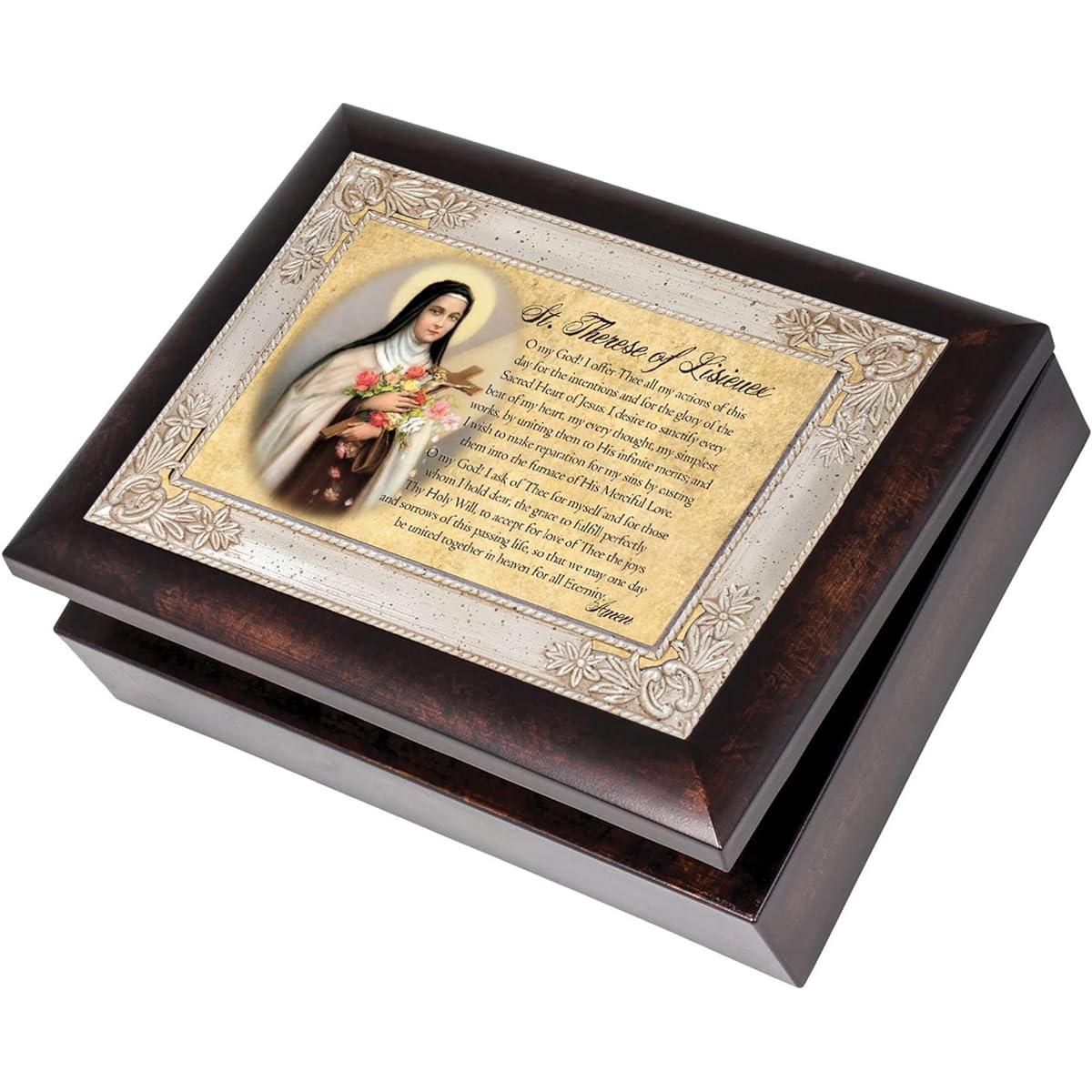 Saint Therese of Lisieux Dark Wood Finish Jewelry Music Box Plays Tune Ave Maria