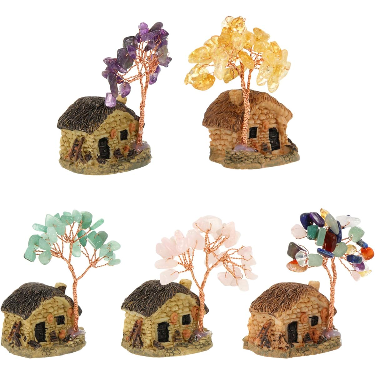 Prosperity Decor 5pcs Lucky Money Tree Chakra Gem Tree Fairy House Mini Villa House Feng Shui for Wealth Bonsai Feng Shui Tabletop Decor Fairy House Accessories Money Tree Bonsai