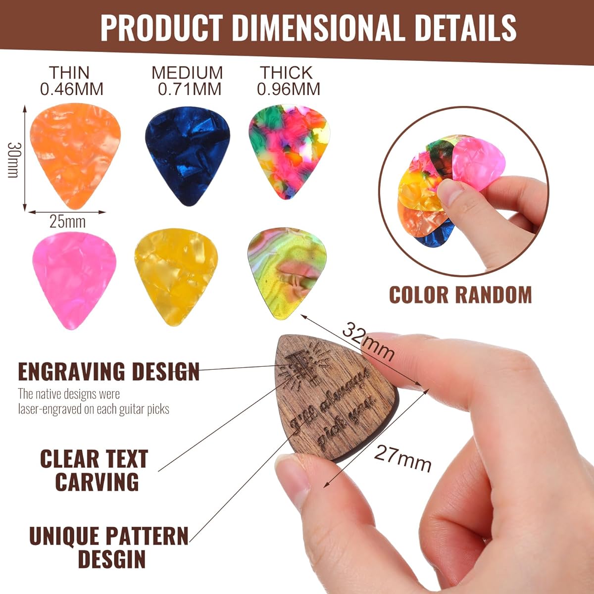 Lukmaa Black Walnut Guitar Pick Holder with 1 Wooden Pick and 6 Celluloid Picks in 3 Thickness Cool and Exquisite Guitar Accessories Gift for Musician, Rock and Roll, Him, Husband, Boyfriend, Teens.