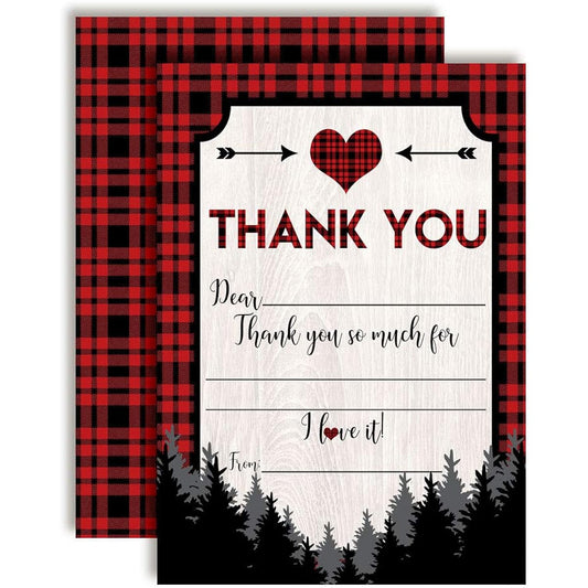 AmandaCreation Our Little Heartbreaker Red and Black Buffalo Plaid Birthday Valentine Thank You Cards - 10 4" x 5.5" Blank Cards with 10 White Envelopes