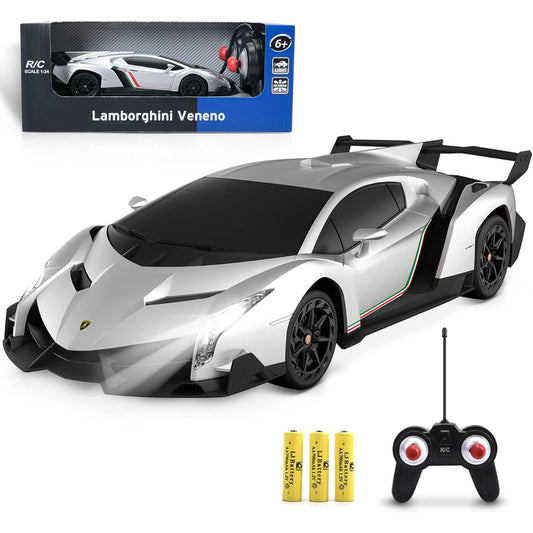 Officially Licensed Product 1:24 Scale Remote Control Car Lamborghini VENENO 2.4GHz Radio Controlled Car Sports Racing Car Lambo Toy Model Vehicle 2WD Car 7.8KM/H Toddler Kids Toys for 3 4 5 6 7 8 Year Old Boys (Silver)