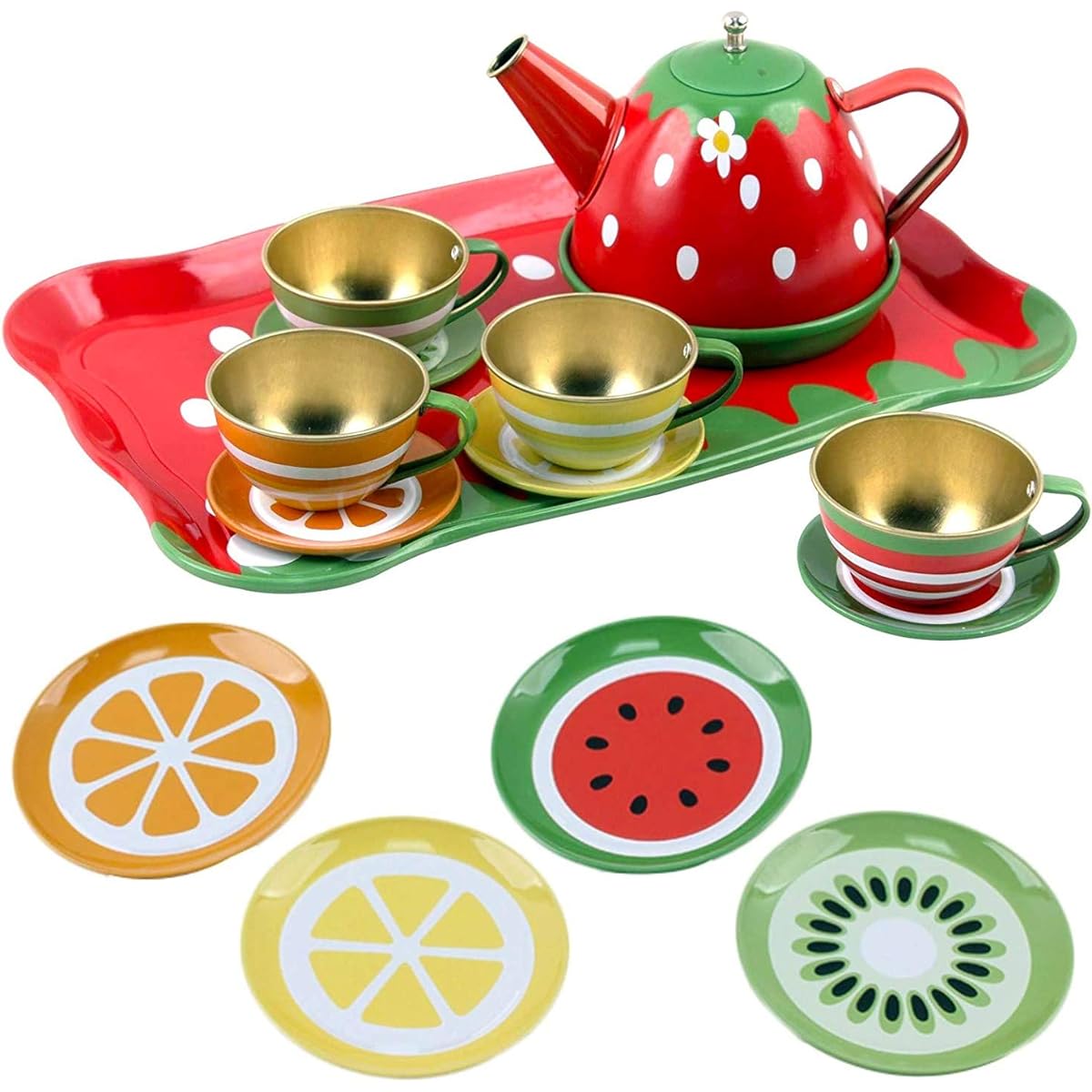 Nature Garden Picnic Tin Tea Party Set for Kids - Metal Teapot and Cups Kitchen Playset