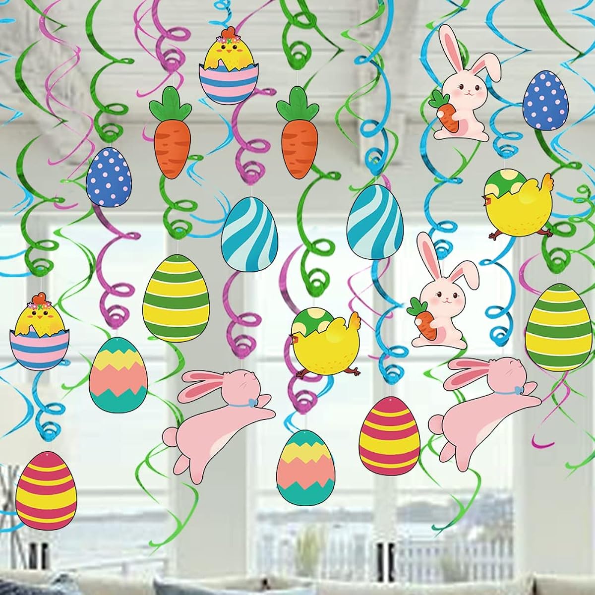 Ivenf Easter Decorations Hanging Swirls 36pcs Cute Bunny Eggs Chick Carrot Party Decor Ofiice Home Indoor Easter Party Supplies Gifts