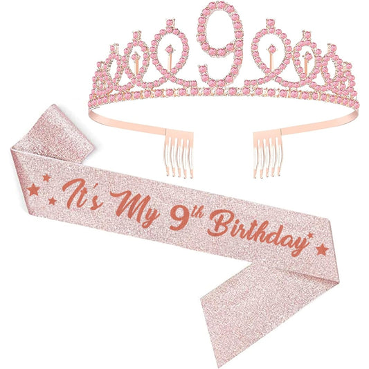 9th Birthday Sash and Tiara for Girls, 9 & Fabulous Glitter Sash and Pink Birthday Crown Set, 9th Birthday Gift for Girls, Party Supplies and Decorations