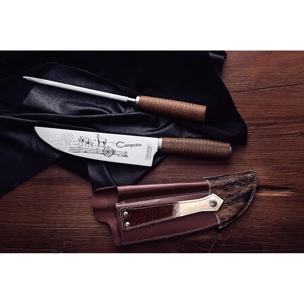 Tramontina Wooden Gyuto Knife & Knife Sharpener Cowhide with Leather Case Campeira 200mm Dark Brown Stainless Steel Made in Brazil 26099/081 TRAMONTINA