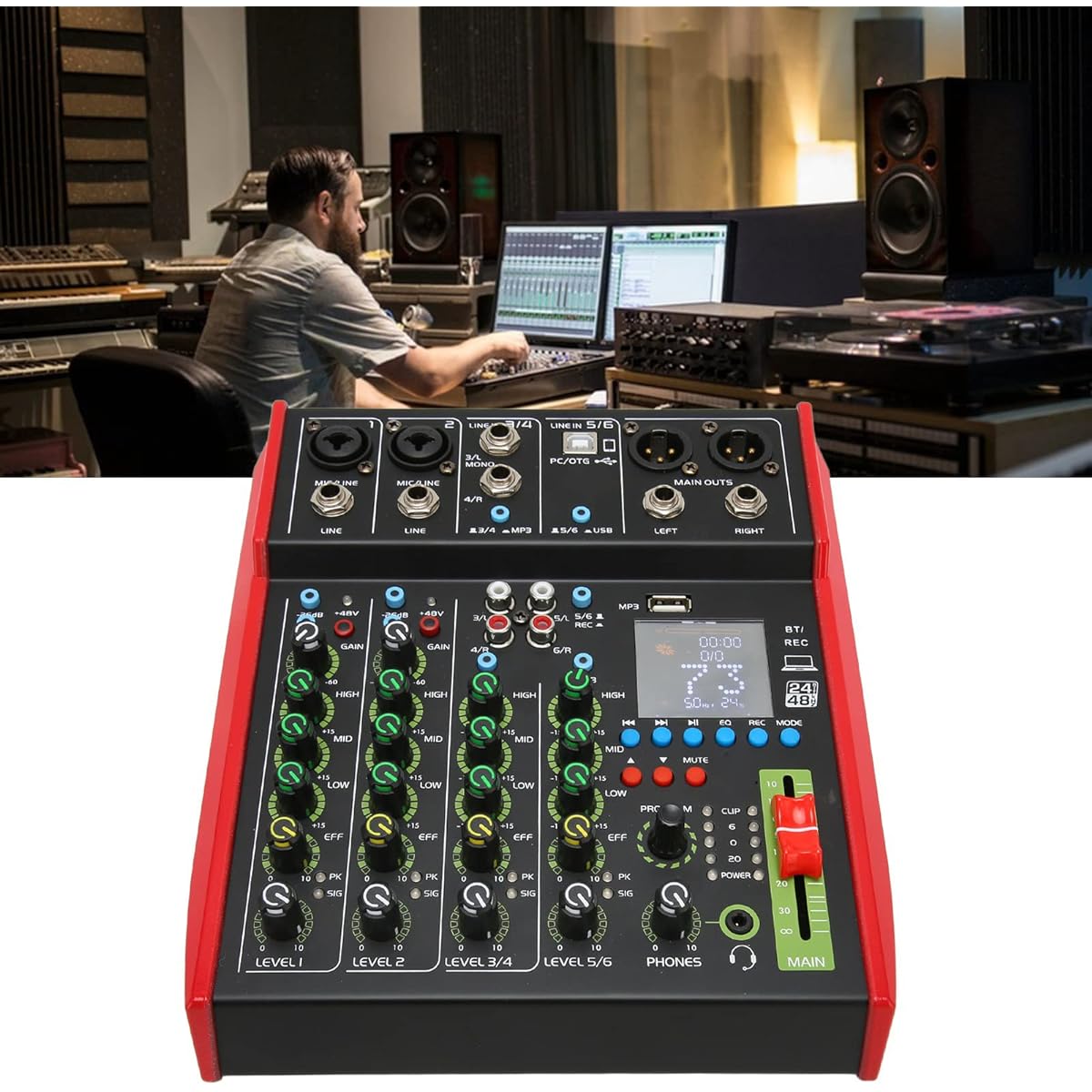 DJ Mixer DSP Independent Knobs Plug and Play 3.5MM Monitor Output Connector 6 Channel Sound Mixer Board US Plug