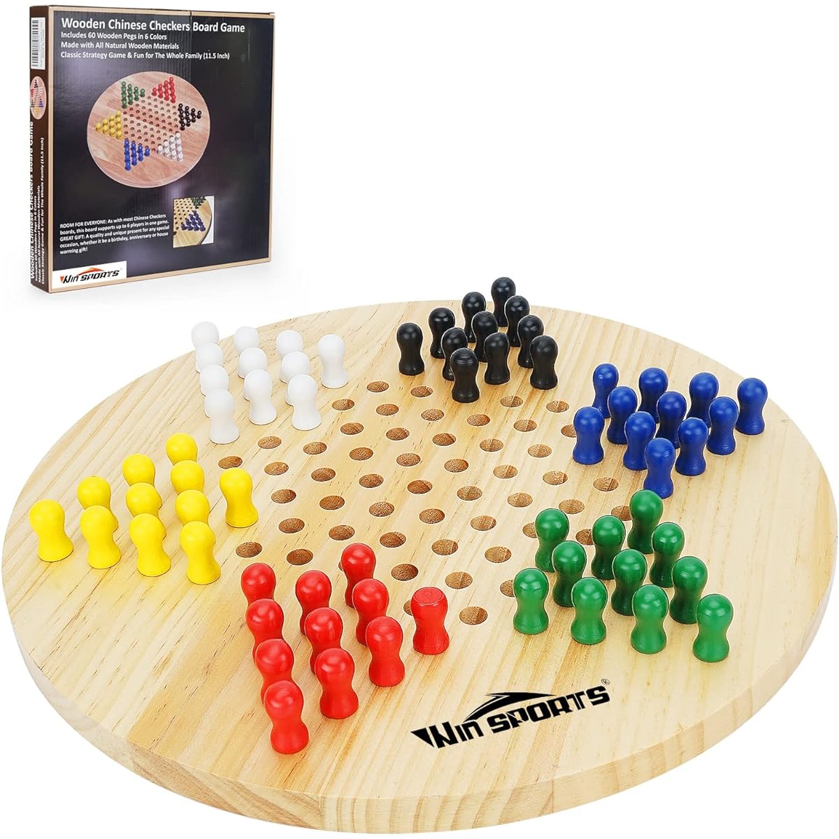 Win SPORTS Chinese Checkers Board - Wooden Game Classic Strategy Game & Fun for the Whole Family, 60 Wooden Pegs in 6 Colors, Made from All Natural Wood Materials (11.5 Inch)