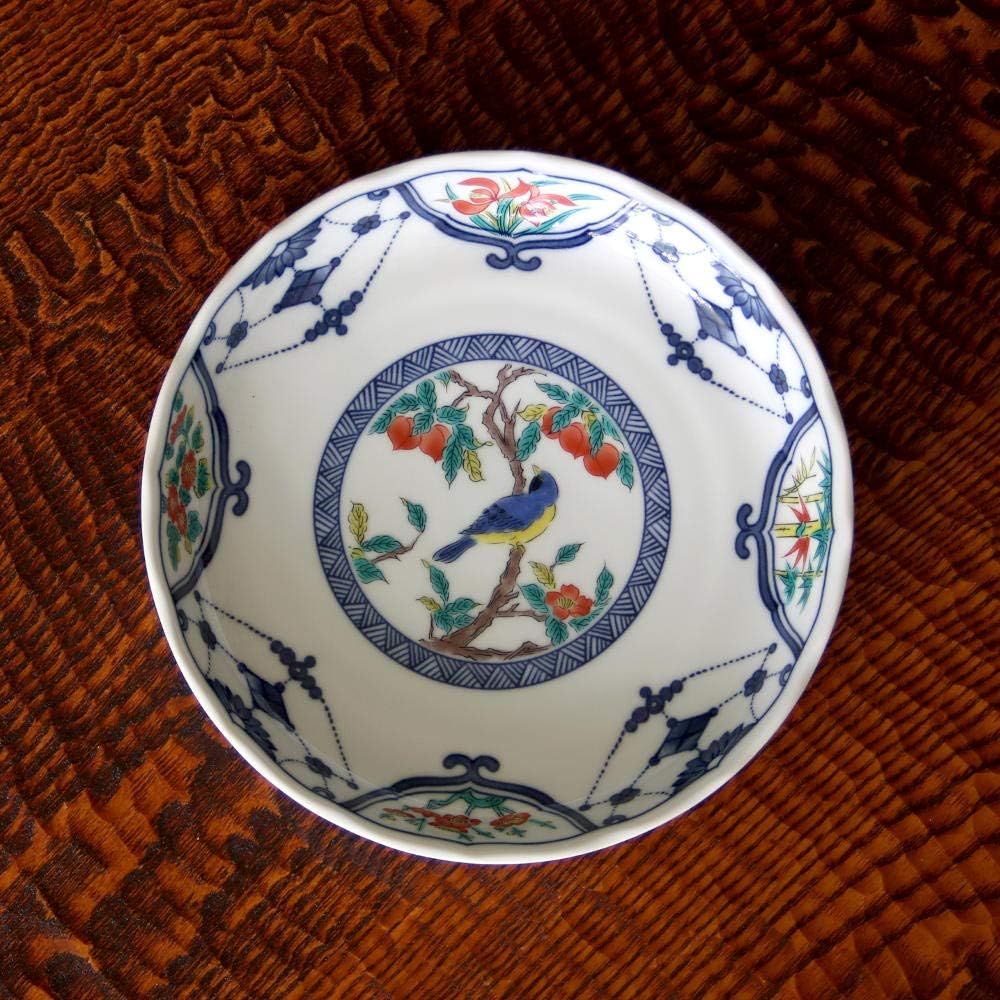 Kutani ware, Seikou kiln, No. 6 plates set (set of 5), dyed embossed flower and bird SK-041, porcelain, made in Japan, diameter 19cm