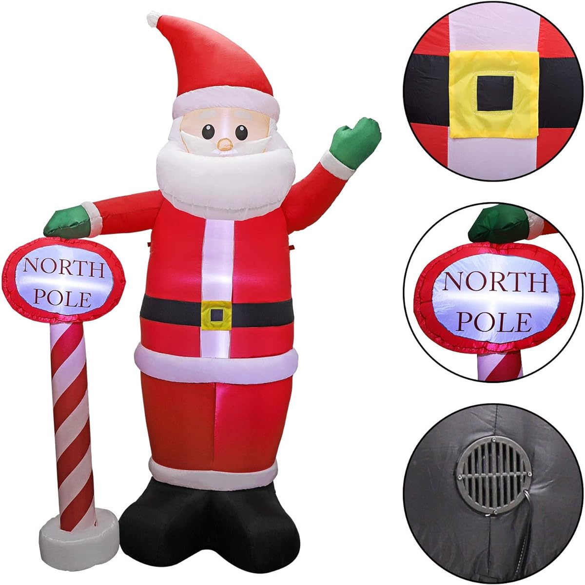 MorTime 8ft Christmas Inflatable Santa Claus with Guide Posts Explosive Giant Wave Santa Claus North Pole with LED Lights for Yard Decoration Party Display Christmas Outdoor Decoration
