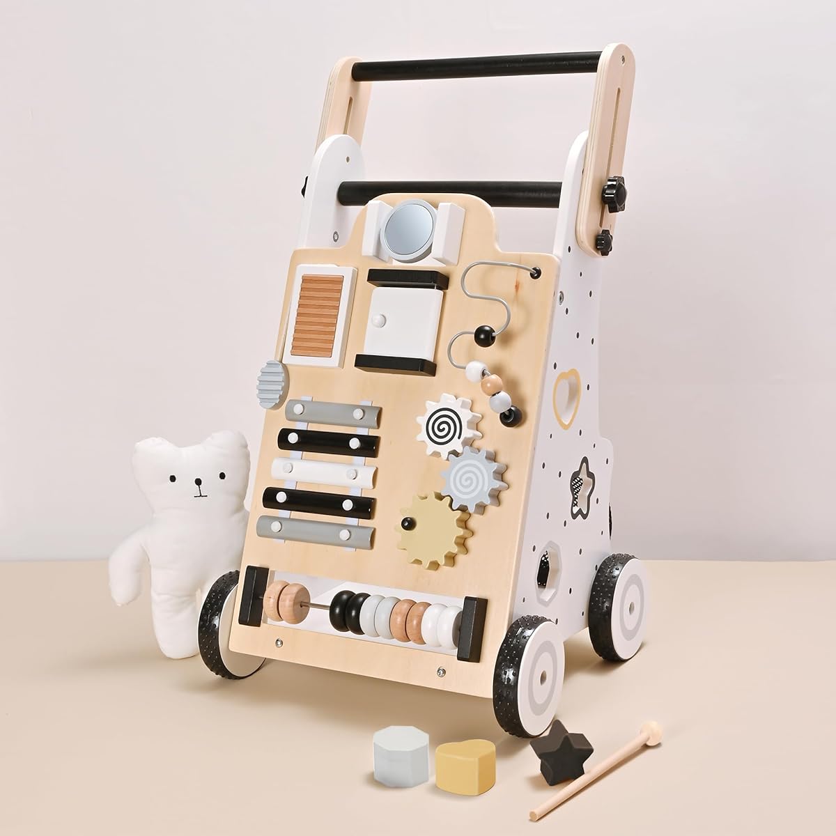 MARKVILLE Wooden Baby Walker with Wheels, Adjustable Baby Activity Center Walker, Push & Pull Toy, Learning Walker for Baby Boys Girls, Natural Wood, Toddler Toy, Baby Gift, Motor Skill Development