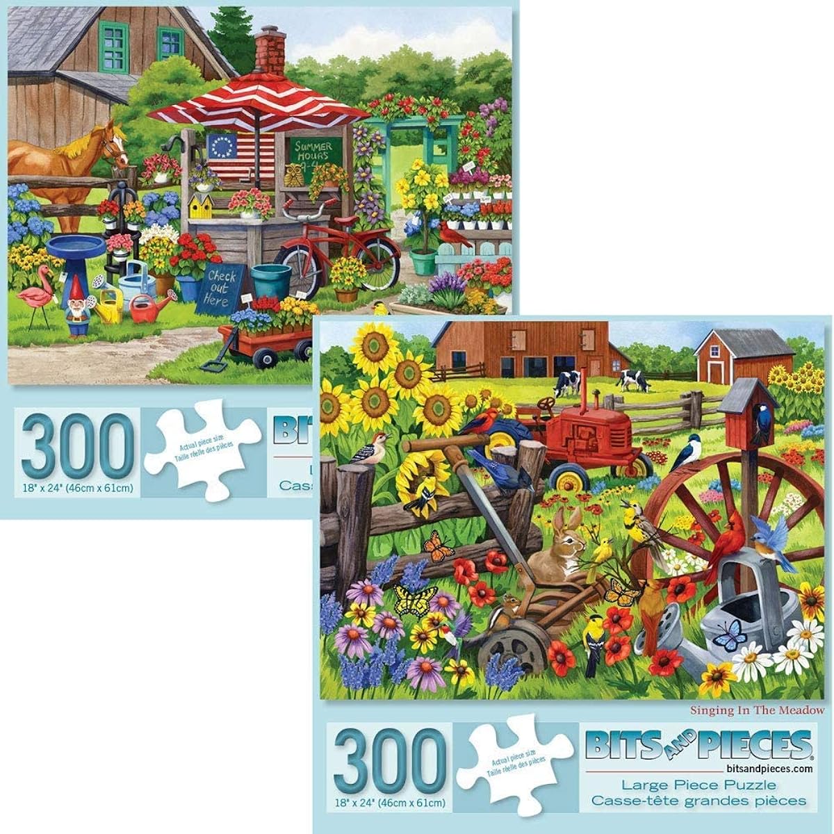 Bits and Pieces - Set of 2 300 Piece Jigsaw Puzzles for Adults - Each Puzzle Measures 18" x 24" - Country Charm Singing in the Meadow 300 Piece Farm Scene Jigsaw by Artist Nancy Wernersbach