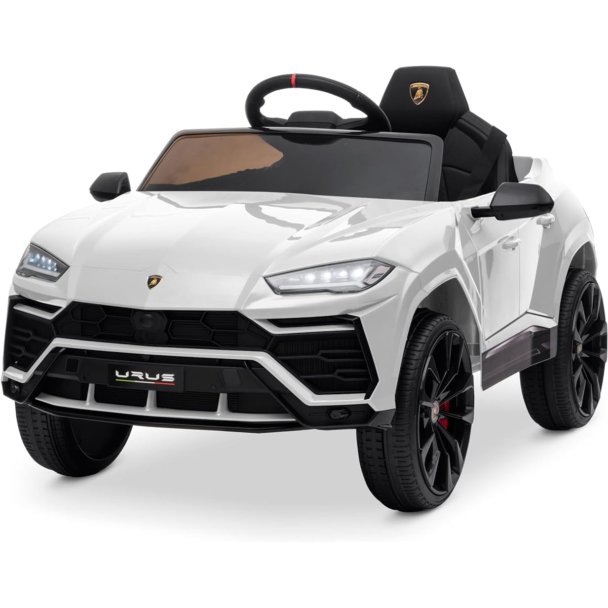 Kidzone Ride On Car 12V Lamborghini Urus Kids Electric Car Toy with Parent Remote Control Horn Radio Port AUX Spring Suspension Door Opening LED Light White