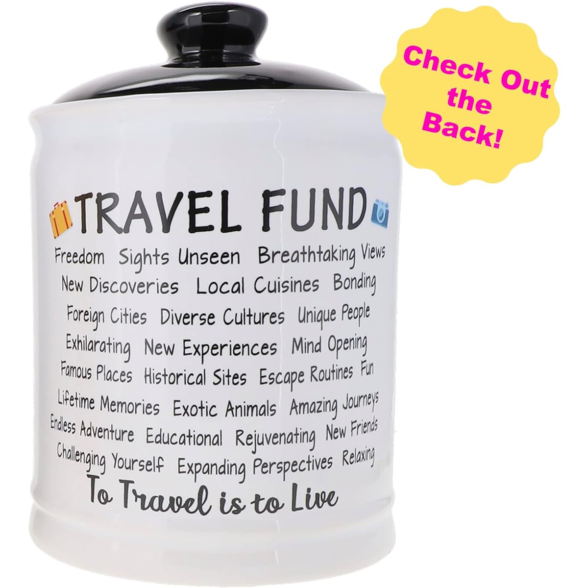 Cottage Creek Money Box Travel Fund Jar Round Ceramic Adult Money Box with Black Lid Adventure Appreciation Gift [White]